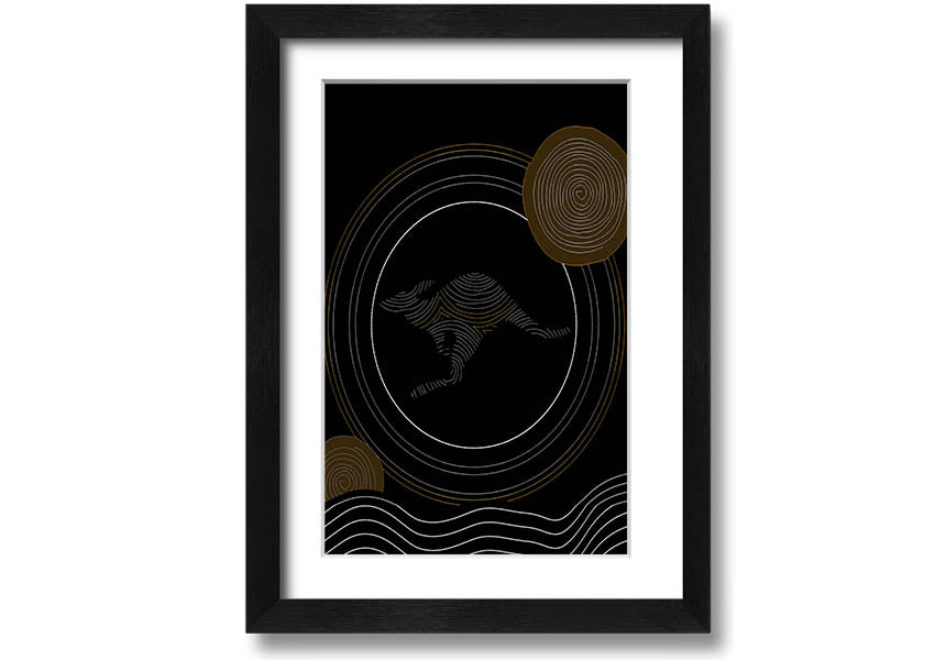 Framed Aboriginal Kangaroo 2 print showcasing vibrant colors and intricate designs, ready to hang.