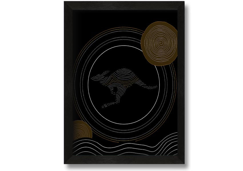 Framed Aboriginal Kangaroo 2 print showcasing vibrant colors and intricate designs, ready to hang.