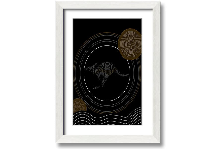 Framed Aboriginal Kangaroo 2 print showcasing vibrant colors and intricate designs, ready to hang.