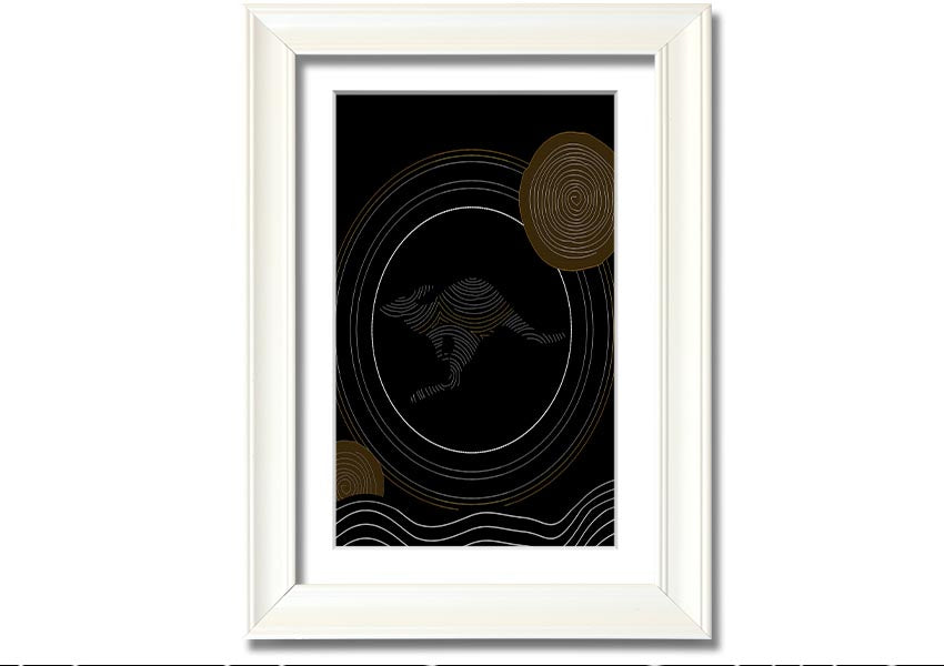 Framed Aboriginal Kangaroo 2 print showcasing vibrant colors and intricate designs, ready to hang.