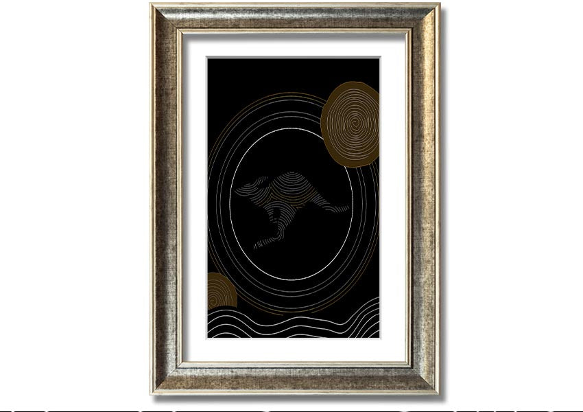 Framed Aboriginal Kangaroo 2 print showcasing vibrant colors and intricate designs, ready to hang.