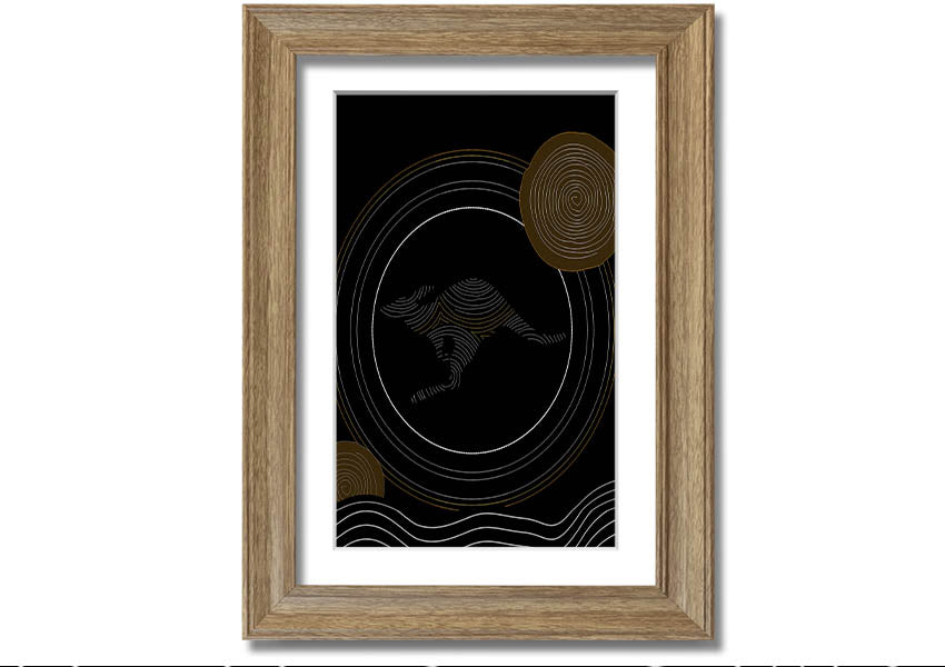 Framed Aboriginal Kangaroo 2 print showcasing vibrant colors and intricate designs, ready to hang.