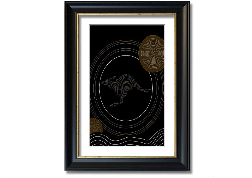 Framed Aboriginal Kangaroo 2 print showcasing vibrant colors and intricate designs, ready to hang.