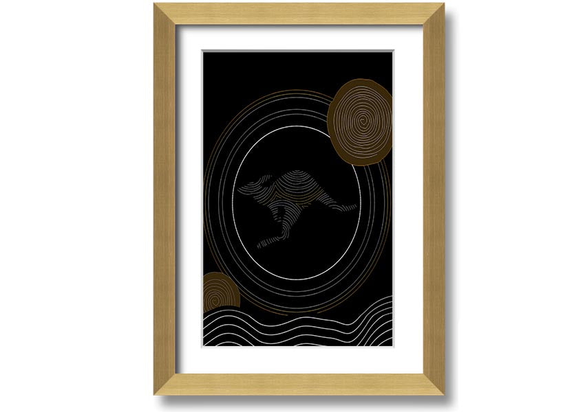 Framed Aboriginal Kangaroo 2 print showcasing vibrant colors and intricate designs, ready to hang.