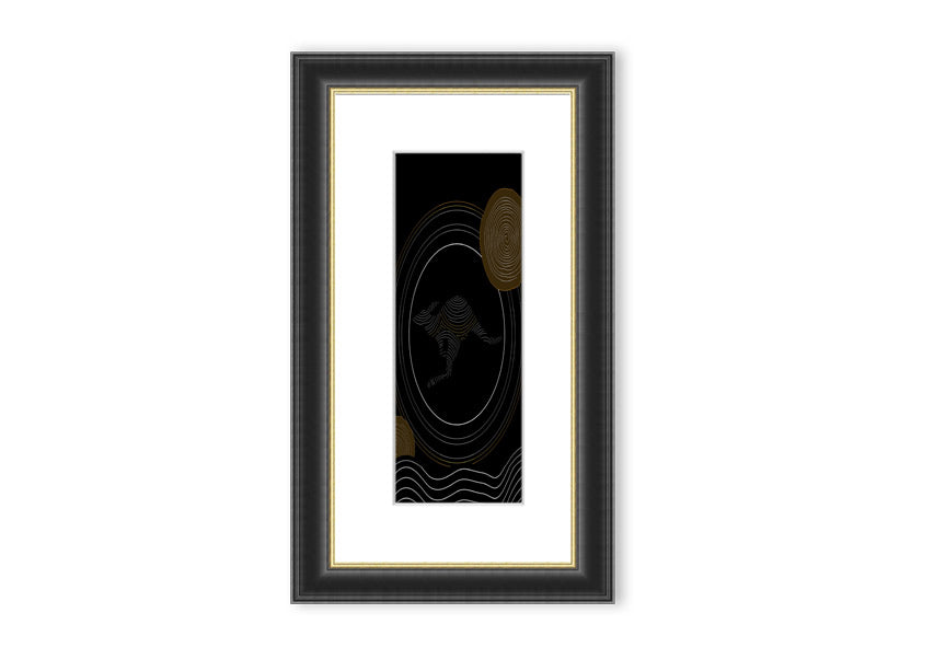 Framed Aboriginal Kangaroo 2 print showcasing vibrant colors and intricate designs, ready to hang.