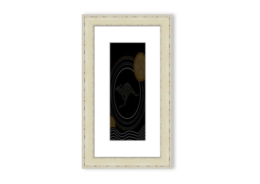 Framed Aboriginal Kangaroo 2 print showcasing vibrant colors and intricate designs, ready to hang.