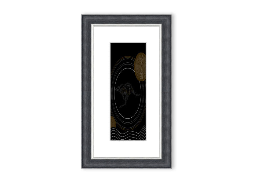 Framed Aboriginal Kangaroo 2 print showcasing vibrant colors and intricate designs, ready to hang.