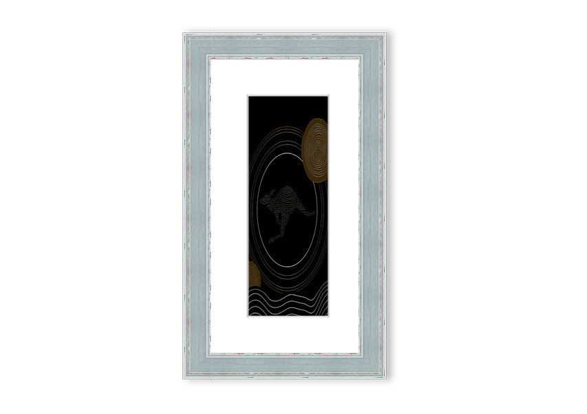 Framed Aboriginal Kangaroo 2 print showcasing vibrant colors and intricate designs, ready to hang.