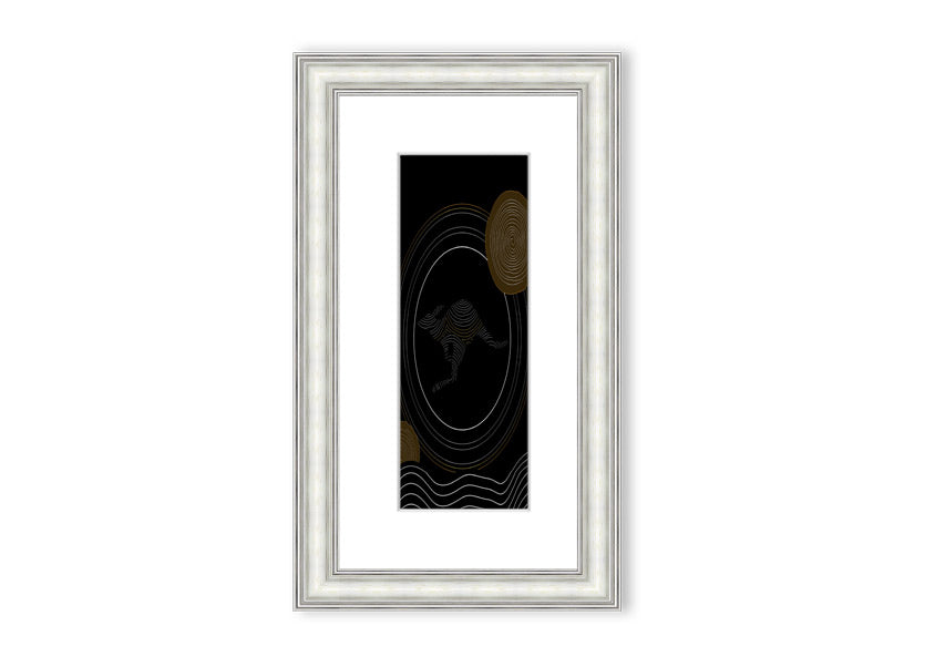 Framed Aboriginal Kangaroo 2 print showcasing vibrant colors and intricate designs, ready to hang.