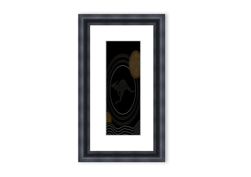 Framed Aboriginal Kangaroo 2 print showcasing vibrant colors and intricate designs, ready to hang.