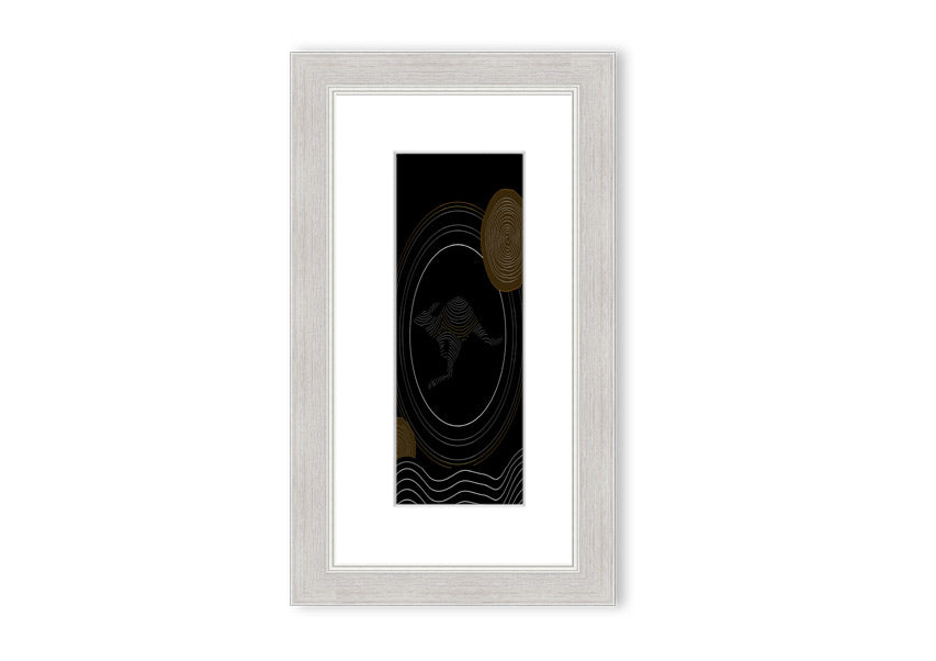 Framed Aboriginal Kangaroo 2 print showcasing vibrant colors and intricate designs, ready to hang.