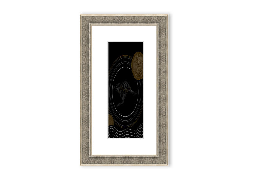 Framed Aboriginal Kangaroo 2 print showcasing vibrant colors and intricate designs, ready to hang.