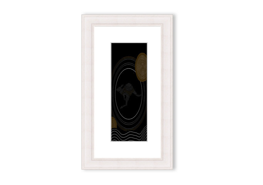 Framed Aboriginal Kangaroo 2 print showcasing vibrant colors and intricate designs, ready to hang.