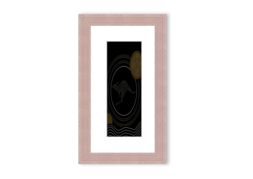 Framed Aboriginal Kangaroo 2 print showcasing vibrant colors and intricate designs, ready to hang.