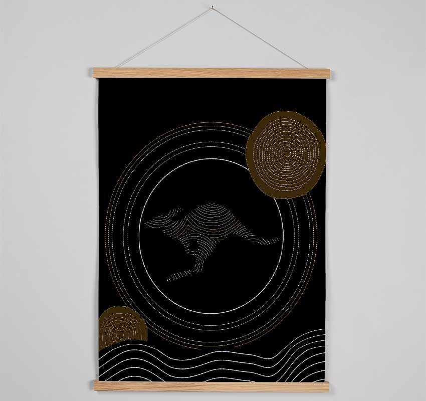 Aboriginal Kangaroo 2 wooden poster hanger showcasing a print with magnetic fastening, available in black, white, and natural oak finishes.