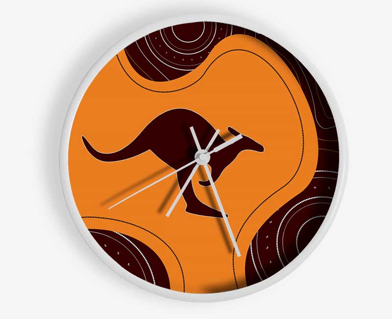 Aboriginal Kangaroo 3 clock made from natural bamboo with a round face and clear Plexiglas lens, available in black, white, and natural colors.