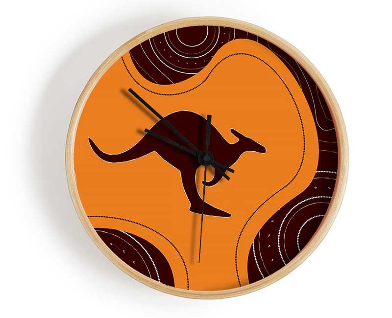 Aboriginal Kangaroo 3 clock made from natural bamboo with a round face and clear Plexiglas lens, available in black, white, and natural colors.