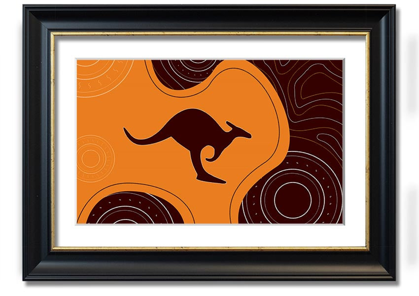 Framed Aboriginal Kangaroo 3 print showcasing unique Aboriginal art, available in various frame colors.