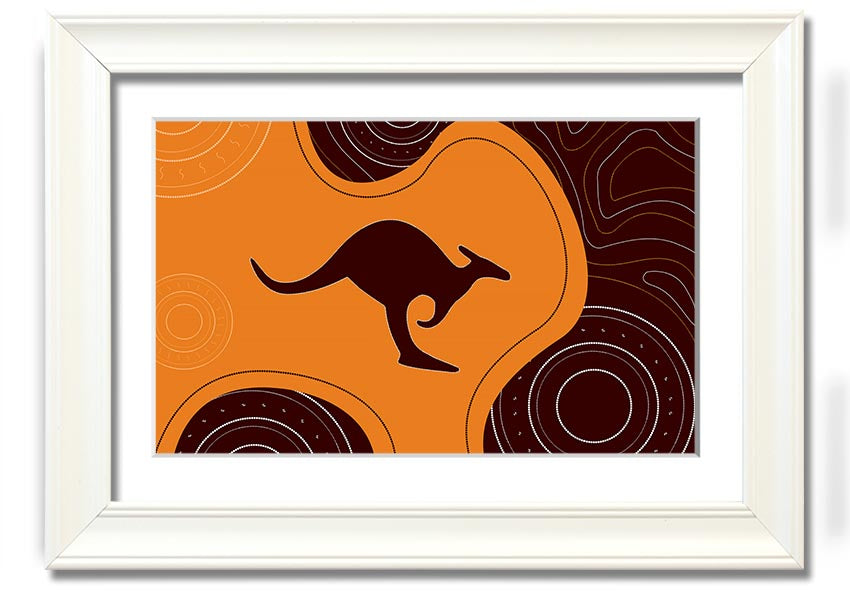 Framed Aboriginal Kangaroo 3 print showcasing unique Aboriginal art, available in various frame colors.