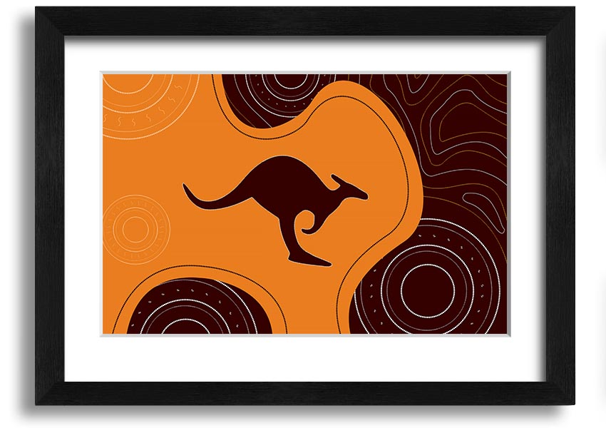 Framed Aboriginal Kangaroo 3 print showcasing unique Aboriginal art, available in various frame colors.