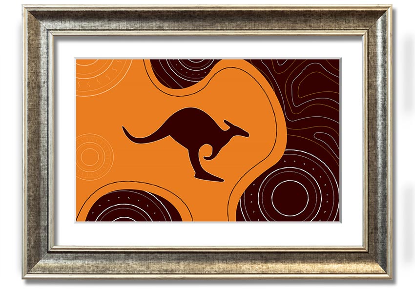 Framed Aboriginal Kangaroo 3 print showcasing unique Aboriginal art, available in various frame colors.