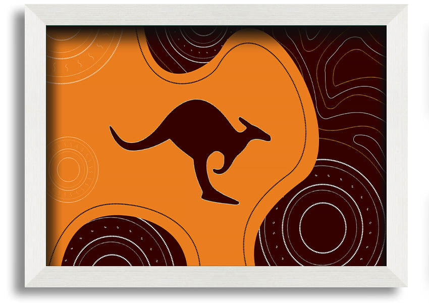 Framed Aboriginal Kangaroo 3 print showcasing unique Aboriginal art, available in various frame colors.