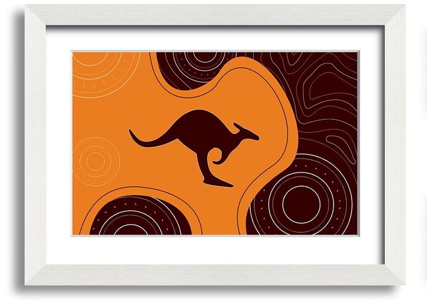 Framed Aboriginal Kangaroo 3 print showcasing unique Aboriginal art, available in various frame colors.