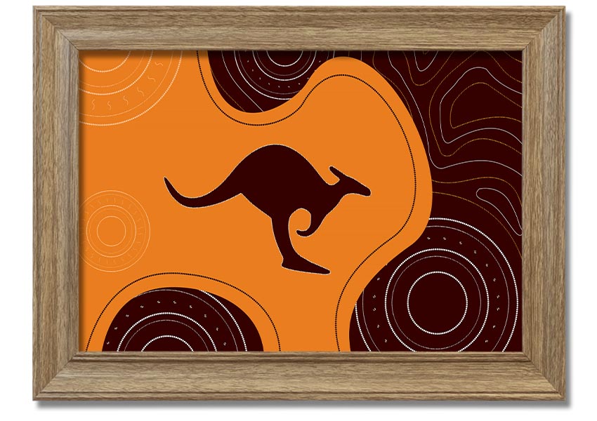 Framed Aboriginal Kangaroo 3 print showcasing unique Aboriginal art, available in various frame colors.