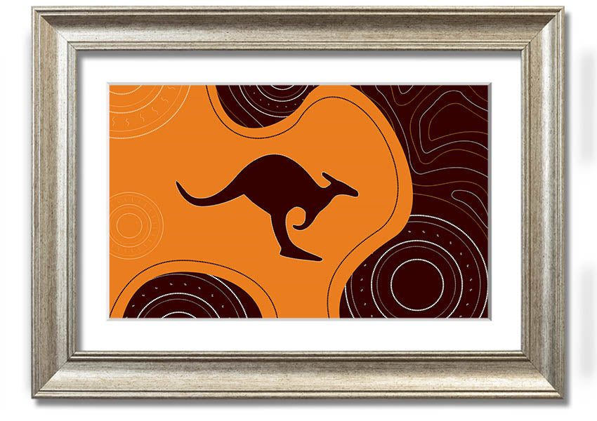 Framed Aboriginal Kangaroo 3 print showcasing unique Aboriginal art, available in various frame colors.