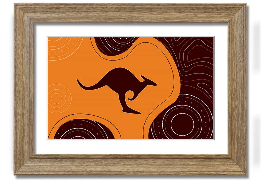 Framed Aboriginal Kangaroo 3 print showcasing unique Aboriginal art, available in various frame colors.