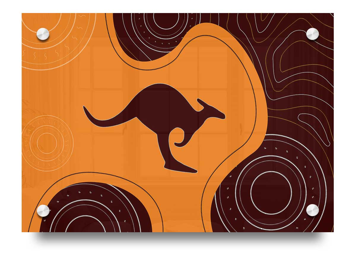 Aboriginal Kangaroo 3 acrylic print showcasing vibrant colors and intricate design on 5mm thick acrylic glass.