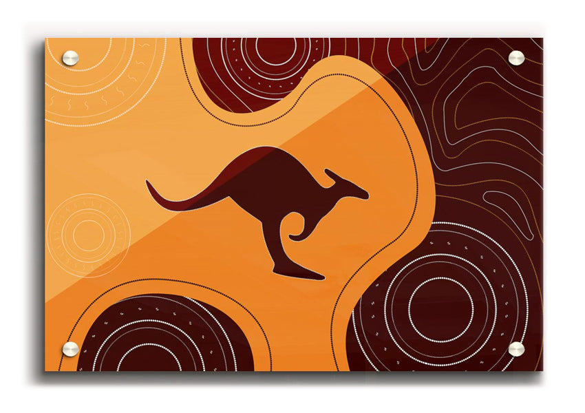 Aboriginal Kangaroo 3 acrylic print showcasing vibrant colors and intricate design on 5mm thick acrylic glass.