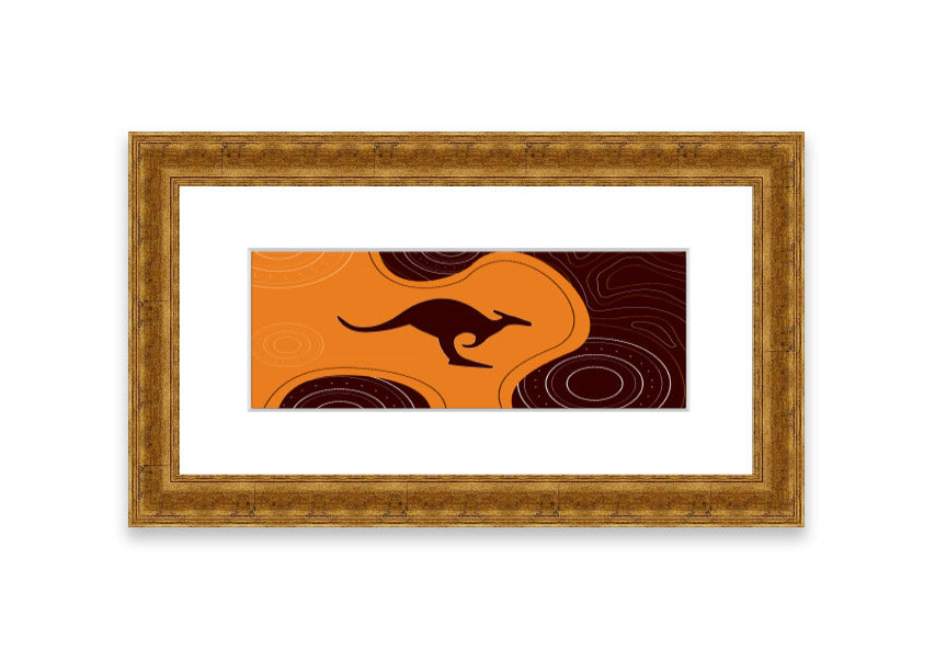 Framed Aboriginal Kangaroo 3 print showcasing vibrant colors and intricate designs, ready to hang.