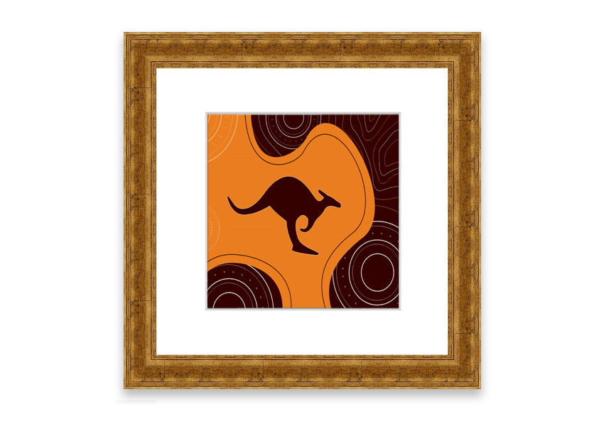 Framed Aboriginal Kangaroo 3 print showcasing vibrant colors and intricate designs, ready to hang.