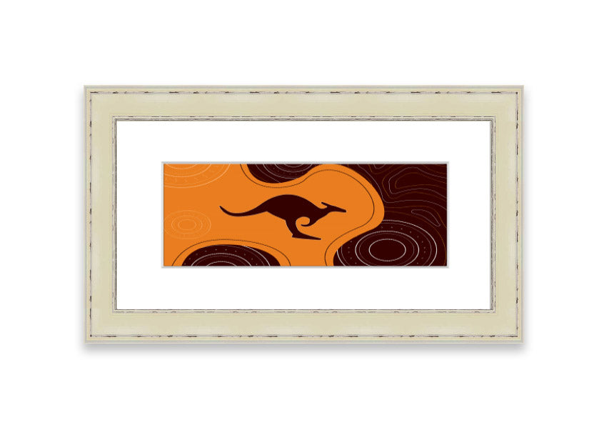 Framed Aboriginal Kangaroo 3 print showcasing vibrant colors and intricate designs, ready to hang.