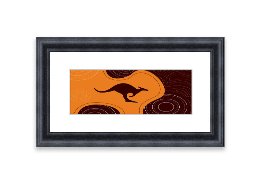 Framed Aboriginal Kangaroo 3 print showcasing vibrant colors and intricate designs, ready to hang.