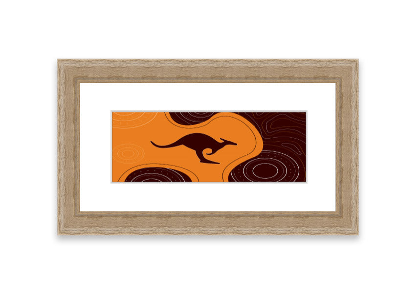 Framed Aboriginal Kangaroo 3 print showcasing vibrant colors and intricate designs, ready to hang.