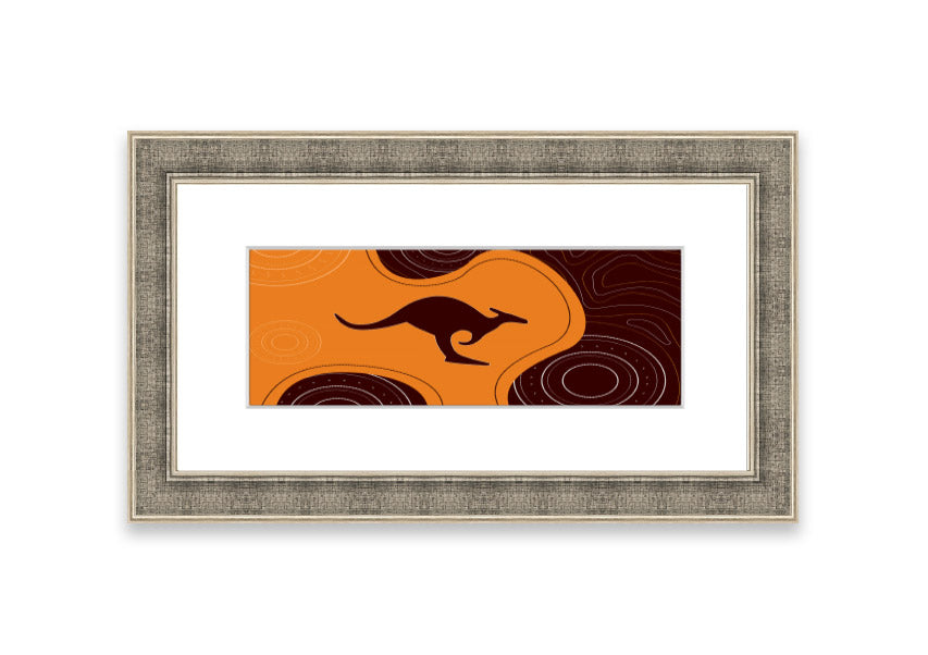 Framed Aboriginal Kangaroo 3 print showcasing vibrant colors and intricate designs, ready to hang.