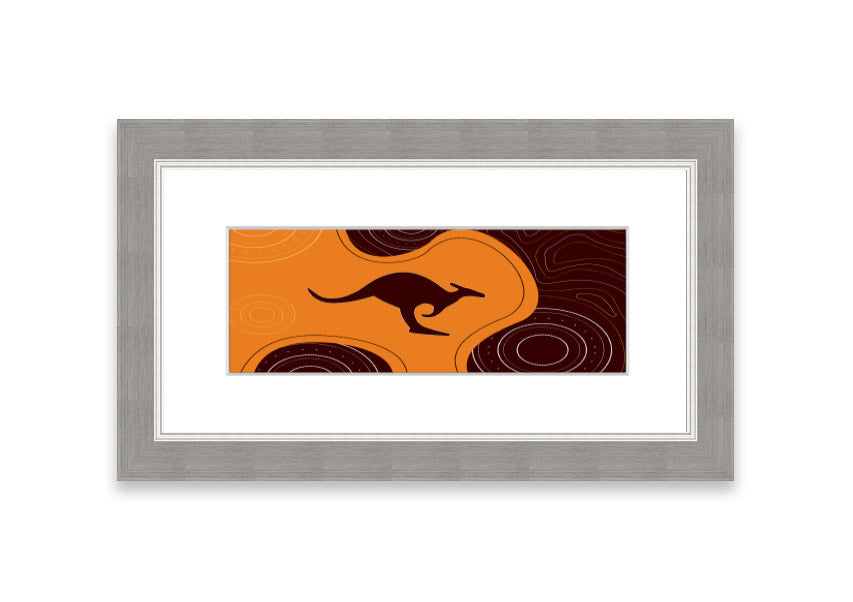 Framed Aboriginal Kangaroo 3 print showcasing vibrant colors and intricate designs, ready to hang.