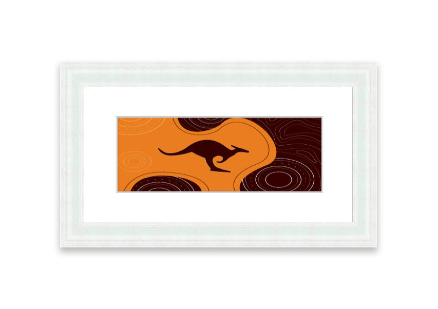 Framed Aboriginal Kangaroo 3 print showcasing vibrant colors and intricate designs, ready to hang.