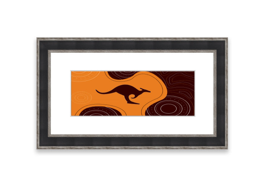 Framed Aboriginal Kangaroo 3 print showcasing vibrant colors and intricate designs, ready to hang.