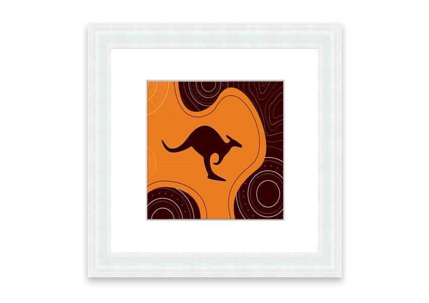 Framed Aboriginal Kangaroo 3 print showcasing vibrant colors and intricate designs, ready to hang.