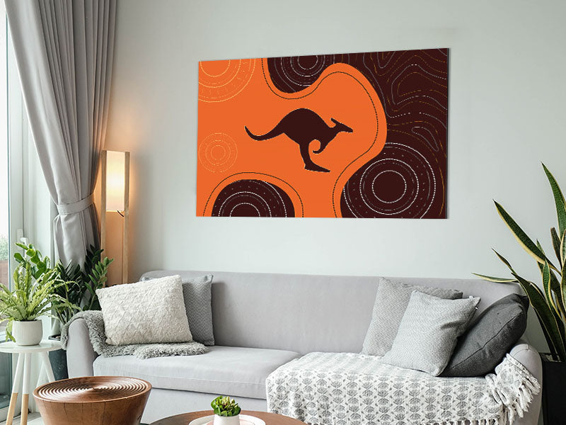 Aboriginal Kangaroo 3 artwork printed on brushed aluminium dibond, showcasing vibrant colors and intricate designs.