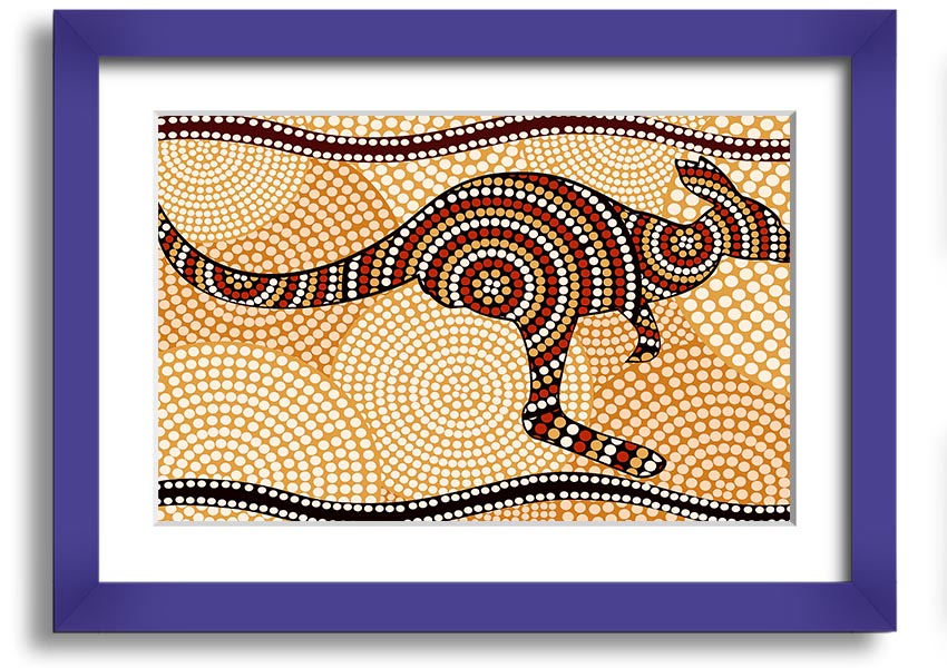 Framed Aboriginal Kangaroo 4 print showcasing vibrant colors and intricate designs, ready to hang.