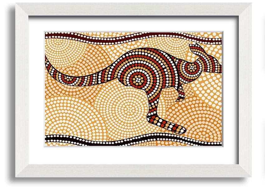 Framed Aboriginal Kangaroo 4 print showcasing vibrant colors and intricate designs, ready to hang.