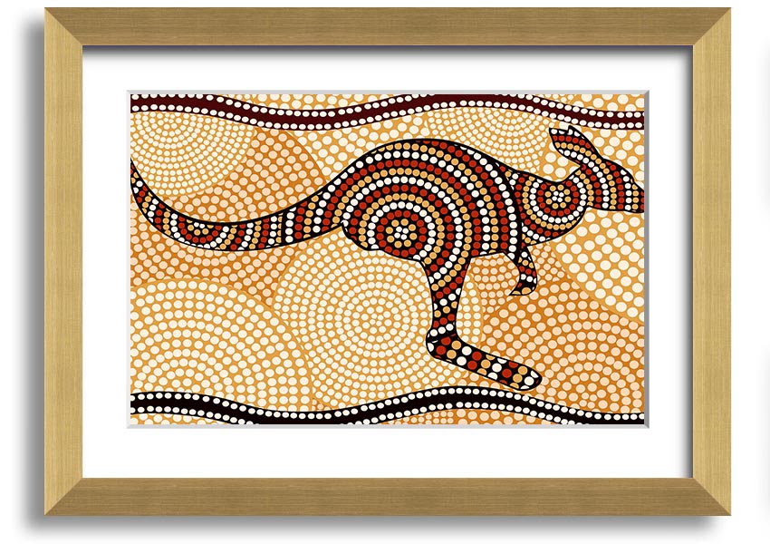 Framed Aboriginal Kangaroo 4 print showcasing vibrant colors and intricate designs, ready to hang.