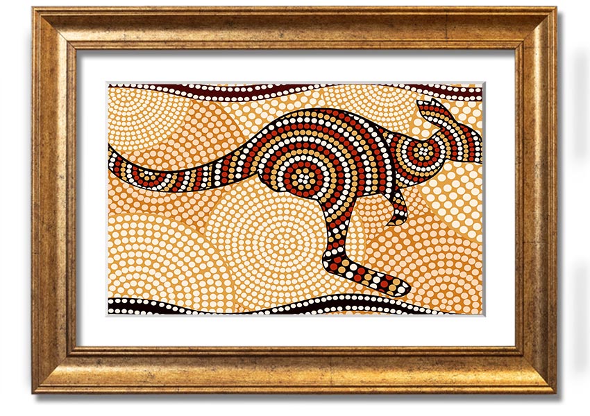 Framed Aboriginal Kangaroo 4 print showcasing vibrant colors and intricate designs, ready to hang.