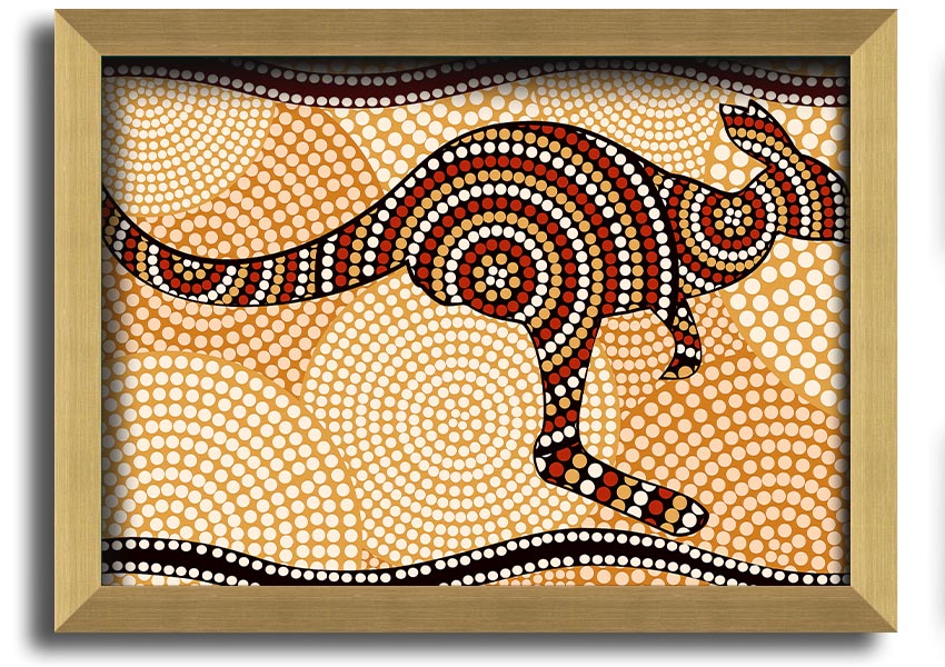 Framed Aboriginal Kangaroo 4 print showcasing vibrant colors and intricate designs, ready to hang.