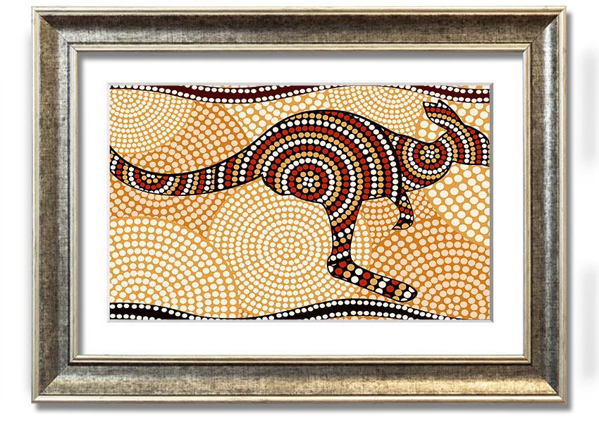 Framed Aboriginal Kangaroo 4 print showcasing vibrant colors and intricate designs, ready to hang.