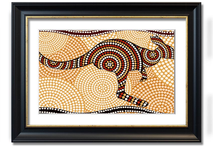 Framed Aboriginal Kangaroo 4 print showcasing vibrant colors and intricate designs, ready to hang.